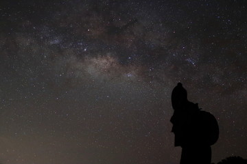 Silhouette of young man with backpack looking milky way on night sky background.