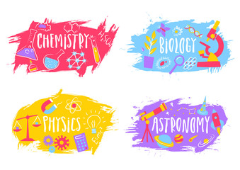 Vector set of trendy hand drawn emblems of education subjects. Chemistry, biology, physics, astronomy symbols with lettering on colorful blots.