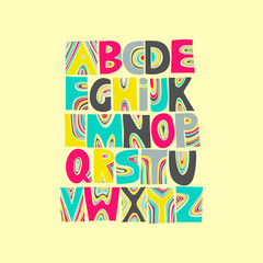 Vector handwritten uppercase artistic colorful alphabet. For design of retro music posters, festivals, placards, CD covers.
