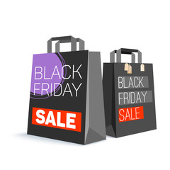 Black paper shopping bag with ad text. Black friday sale and picture sun on the bag for purchase. 3D illustration. Template for online shopping, advertising actions