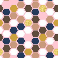 Materiał do szycia Geometric seamless repeating pattern with hexagon shapes in pastel pink, beige, brown, dark blue and golden texture.