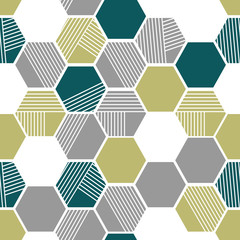 Materiał do szycia Geometric seamless repeating pattern with hexagon shapes in neutral grey, dark and light green striped texture.