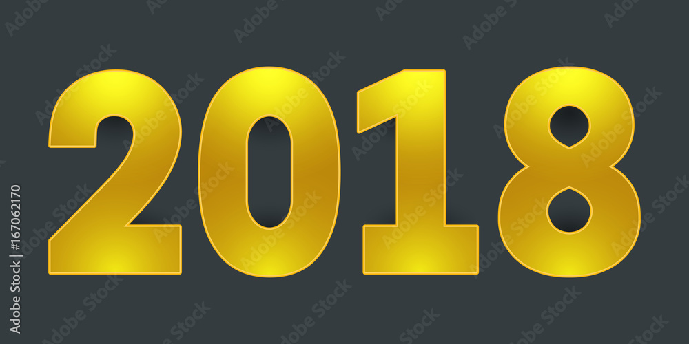 Poster 2018 happy new year. golden shiny numbers on gray background. vector eps10