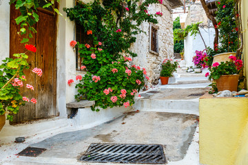Narrow street in the village of Kritsa near Agios Nikolaos, Crete, Greece - obrazy, fototapety, plakaty