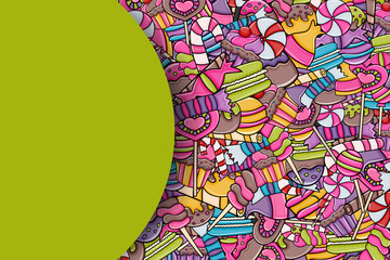 Candy and sweets cartoon doodle design. Cute background concept for advertisement, banner, flyer, brochure or greeting card. Hand drawn vector illustration.