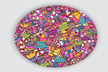 Candy and sweets cartoon doodle design. Cute background concept for advertisement, banner, flyer, brochure or greeting card. Hand drawn vector illustration.