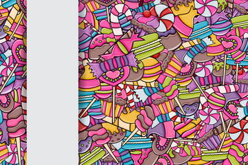 Candy and sweets cartoon doodle design. Cute background concept for advertisement, banner, flyer, brochure or greeting card. Hand drawn vector illustration.