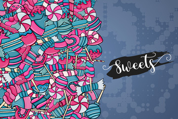 Candy and sweets cartoon doodle design. Cute background concept for advertisement, banner, flyer, brochure or greeting card. Hand drawn vector illustration. Pink and blue color.