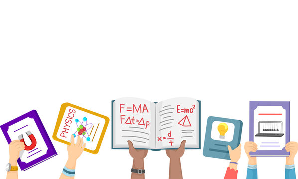 hands holding science books, physics, education clip art preview