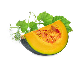 slice of pumpkin with green leaf isolated on white background