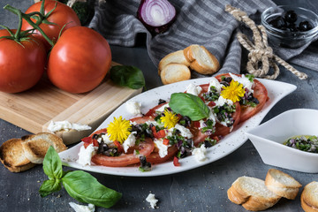 Fresh refreshing salad of mozzarella and red tomatoes on white plate. Spilled with olive oil with pieces of black olives, basil and red onions
