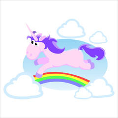 cute unicorn isolated set, magic pegasus flying with wing and horn on rainbow, fantasy horse vector illustration, myth creature dreaming on white background