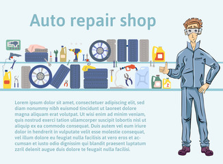 Auto repair shop. Mechanic man holding a wrench. Vector illustration with copy space, template for advertising flyer brochure or web site.