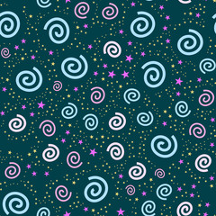 cartooned seamless pattern with stars and clouds, vector illustration background