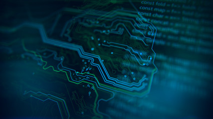 Blue and green background with digital integrated network technology. Printed circuit board. Technology background. 3D illustration.