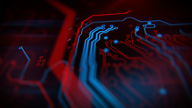 Blue, Red Background With Digital Integrated Network Technology. Printed Circuit Board. Technology Background. 3D Illustration.