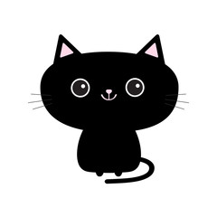 Cute black cat icon. Funny cartoon character. Kawaii animal. Tail, whisker, big eyes. Kitty kitten. Baby pet collection. White background. Isolated. Flat design.