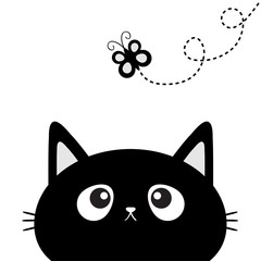 Black cat head silhouette looking at butterfly insect. Dash line track with loop. Cute cartoon character. Pet baby collection Card. Flat design. White background.