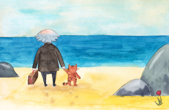 Old man with suitcase and cat come to sea, ocean beach, stand and look at the water and sky, watercolor cartoon illustration. Watercolor picture of old man, cat and sea, off-season jaunt to the beach