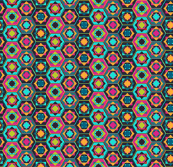Geometric marrakesh seamless pattern with contrast colors polygons and squares, east style. Nice bright ethnic texture for textile, wallpaper, tiles, cloth, gift wrapping paper, cover, web design