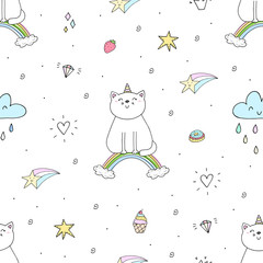 Hand drawn seamless pattern with cute cat on a rainbow, doodle illustration for kids, vector print. - 167066571