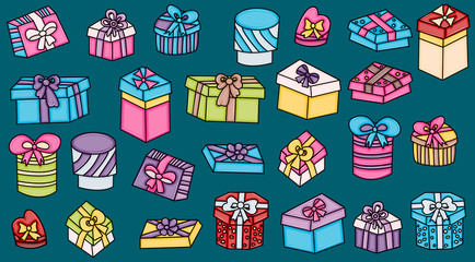 Presents and gift boxes cartoon doodle elements set. Hand drawn vector illustration. 