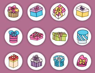 Presents and gift boxes cartoon doodle elements set. Hand drawn vector illustration. 