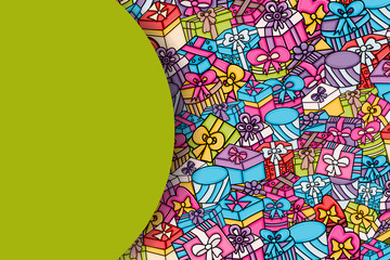 Presents and gift boxes cartoon doodle design. Cute background concept for birthday greeting card,  advertisement, banner, flyer, brochure. Hand drawn vector illustration.