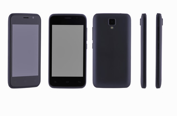 with different sides of a mobile phone on a white background