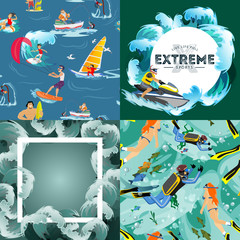 Set of water extreme sports backgrounds, isolated design elements for summer vacation activity fun concept, cartoon wave surfing, sea beach vector illustration, active lifestyle adventure