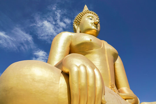 outdoor big gold buddha image in temple for people respect