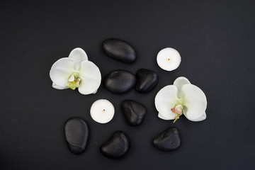 Spa/wellness concept. Zen stones with orchids top view. Flatlay. 