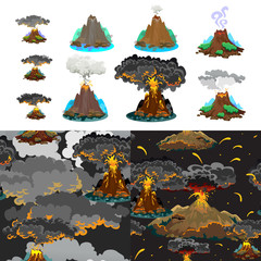 A set of volcanoes of varying degrees of eruption, a sleeping or awakening dangerous vulcan, salute from magma ashes and smoke fly out from volcano, lava flowing down the mountain vector illustration