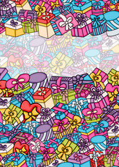 Naklejka premium Presents and gift boxes cartoon doodle design. Cute background concept for birthday greeting card, advertisement, banner, flyer, brochure. Hand drawn vector illustration.