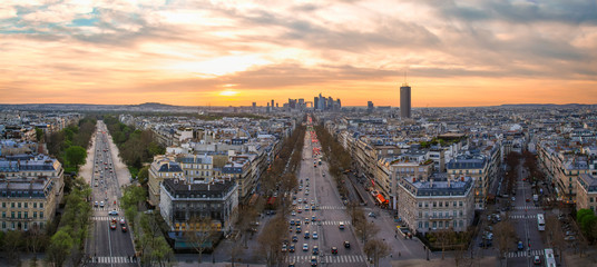 Aerial view to la Defense district in Paris at sunset