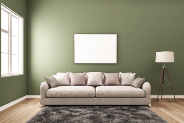 Mock up blank poster on the green wall of interior with sofa. 3D Illustration