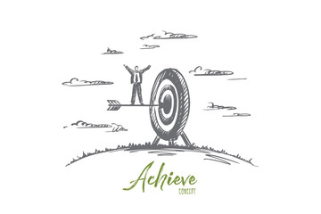 Achieve concept. Hand drawn arrow hitting in the target center of dartboard. Concept of achieving a goal, success businessman isolated vector illustration.