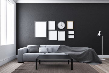Contemporary living room with sofa and window.3D illustration