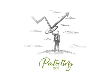 Protecting concept. Hand drawn man protecting business from crisis. Manager protect project from fall isolated vector illustration.