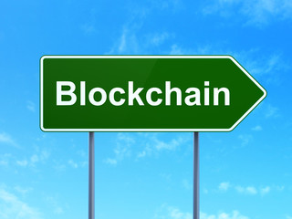 Money concept: Blockchain on road sign background