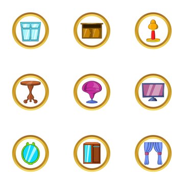 Penhouse furniture icon set, cartoon style
