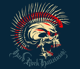 White skull with a Mohawk of bone. A drop of blood and the text Hard Rock Hallelujah. Vector Illustration punk skull with mohawk for t-shirt or tattoo design. Punk rocker. Red.