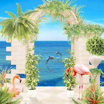 Digital fresco: old balcony with brick columns, white statue and flowers. Pink birds and green plants.