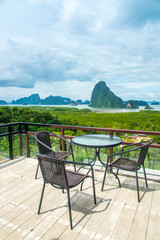 Table and chair over beautiful at Samed Nang she in Phang Nag bay,southern of Thailand.