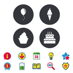 Fototapeta premium Birthday party icons. Cake with ice cream symbol.