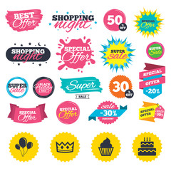 Birthday party icons. Cake and cupcake symbol.