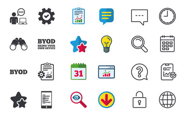 BYOD signs. Human with notebook and smartphone.