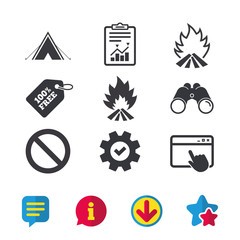 Tourist camping tent sign. Fire flame icons.