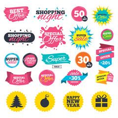 Happy new year sign. Christmas tree and gift box.