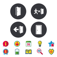 Doors signs. Emergency exit with arrow symbol.